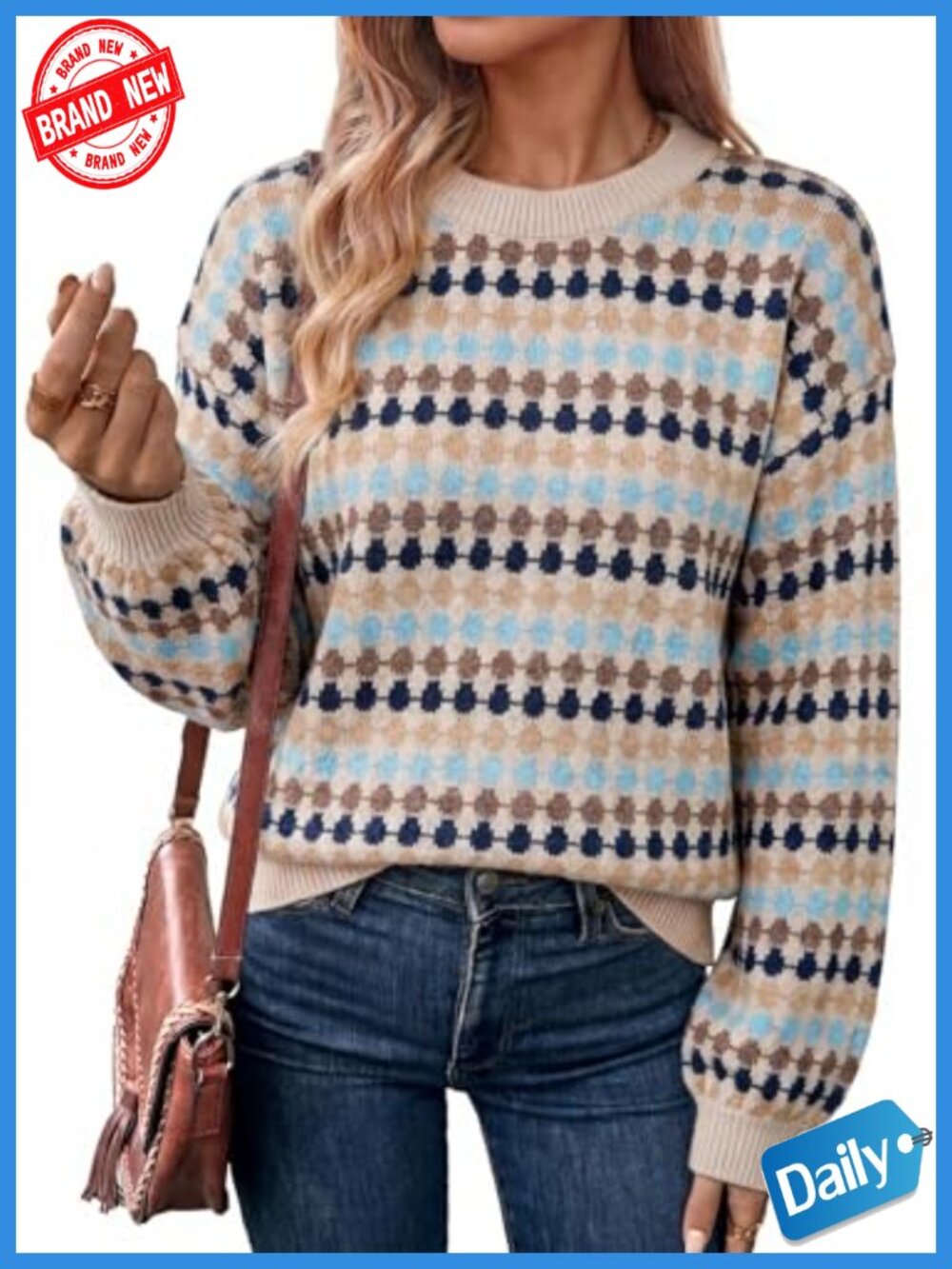 Women's Long Sleeve Polka Dot Pullover Sweater Cowboy Chic Colorblock Crew Neck